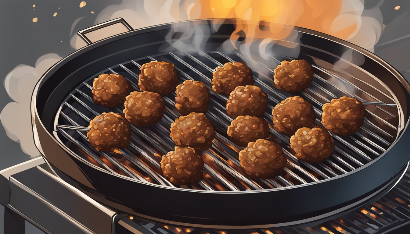 A sizzling grill with perfectly charred Texas-style BBQ meatballs, smoke rising and the aroma of savory spices filling the air