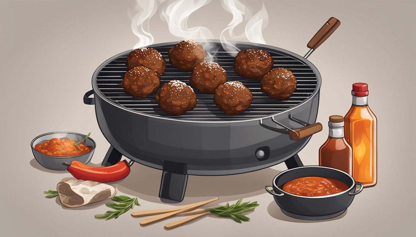 A grill with sizzling meatballs, smoke rising, surrounded by BBQ sauce, spices, and grilling utensils