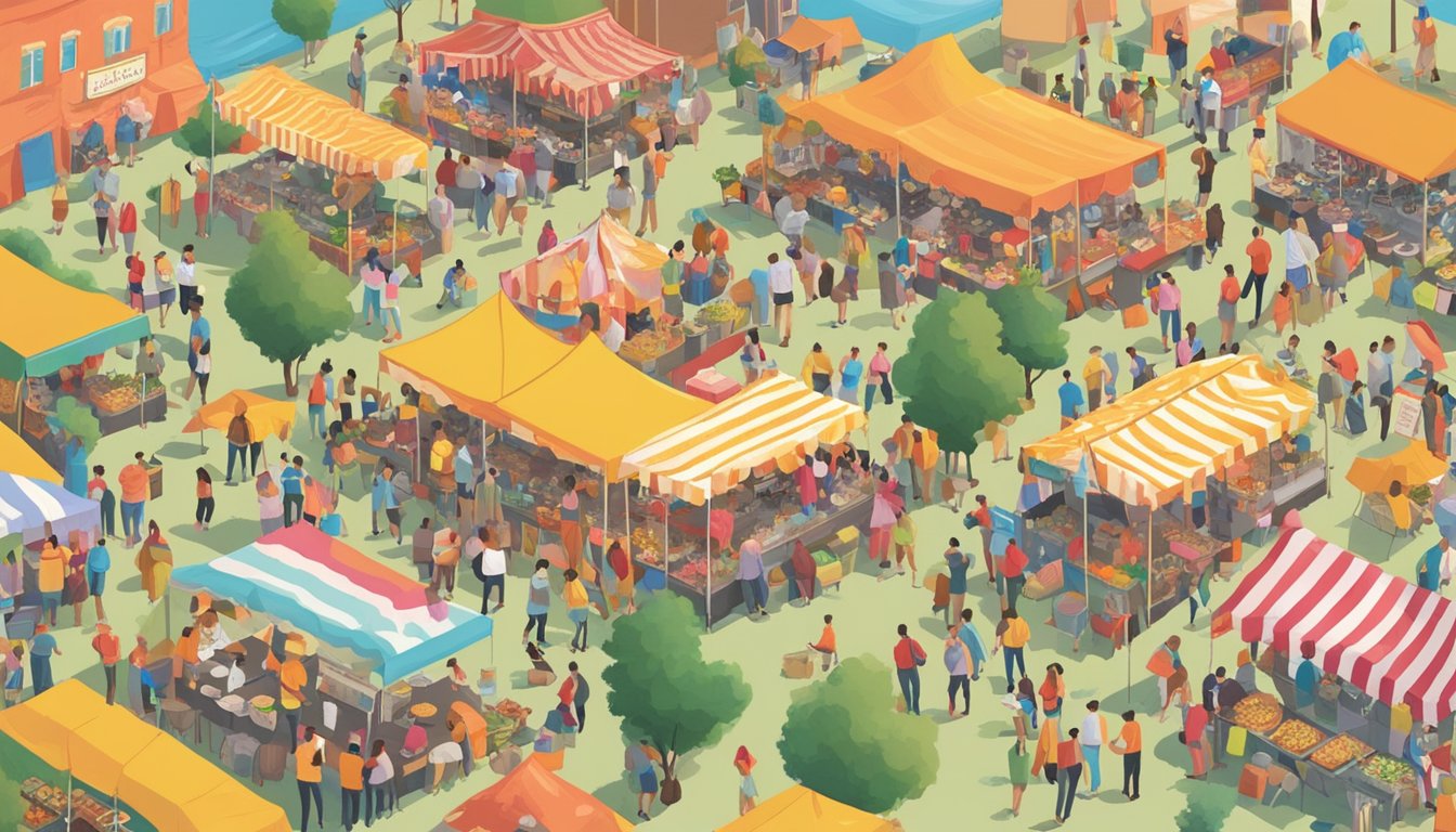 A bustling food festival in Oklahoma, with colorful tents, food vendors, and crowds of people sampling diverse cuisines