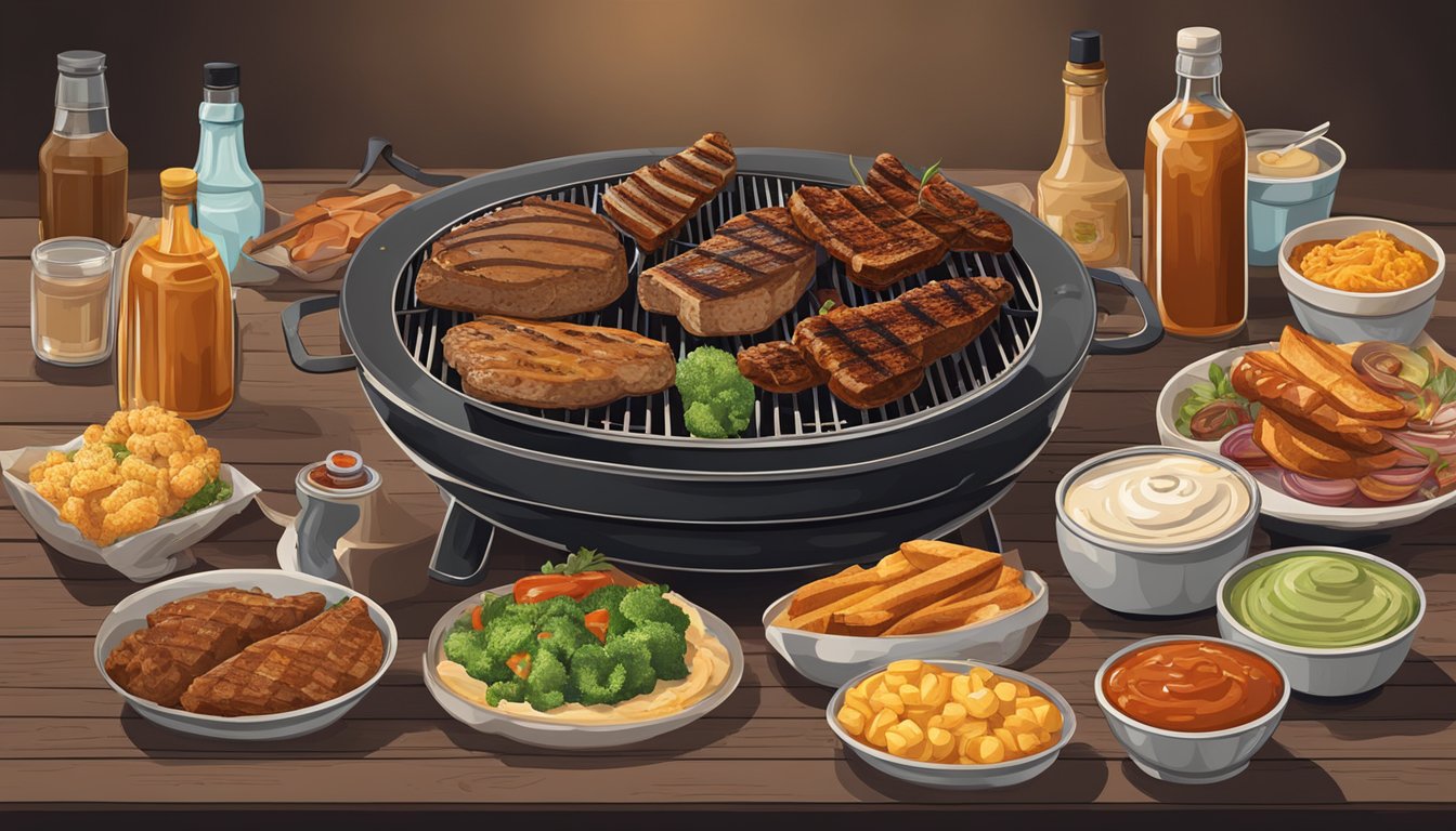 A grill with various delicate foods and a variety of sauces and accompaniments arranged in a Texas BBQ style setting