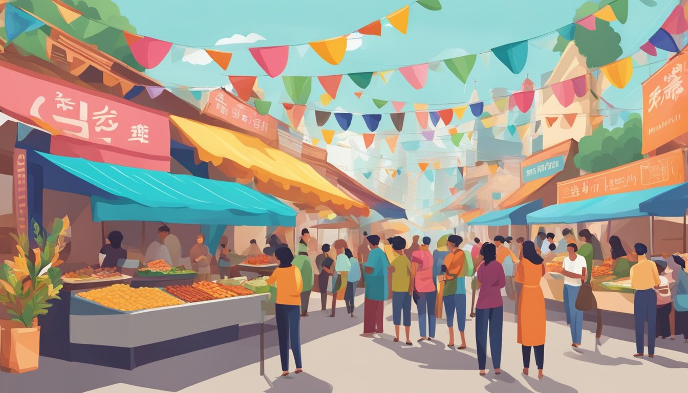 Vibrant food stalls line the streets, showcasing diverse cuisines. Colorful banners flutter in the breeze, while people gather to sample and celebrate