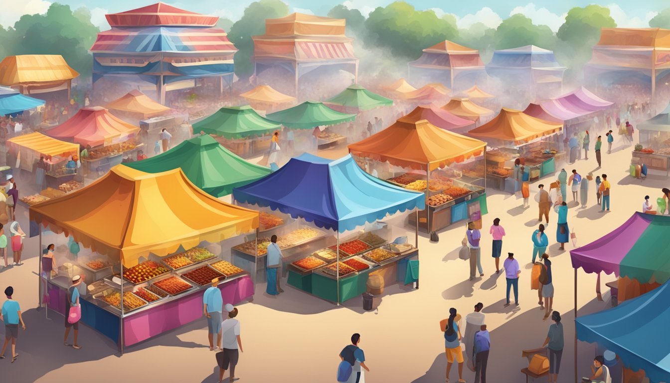 Colorful food stalls line the bustling festival grounds, with aromatic smoke rising from sizzling grills and the sound of sizzling pans filling the air