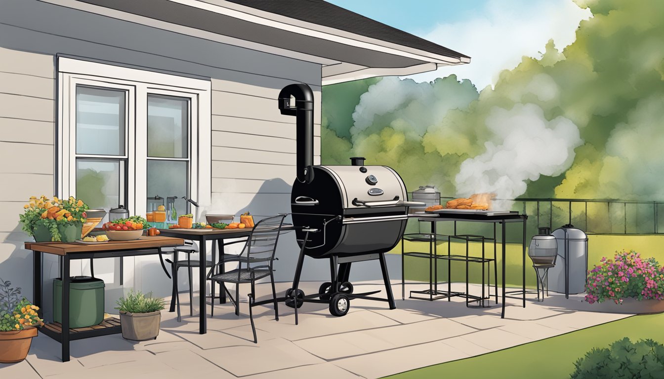 A backyard patio with a Broil King Smoke Offset smoker in use, emitting smoke as it cooks food