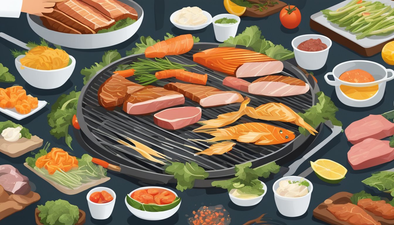 A grill with a variety of delicate foods like fish, vegetables, and thin cuts of meat being carefully tended to by a chef