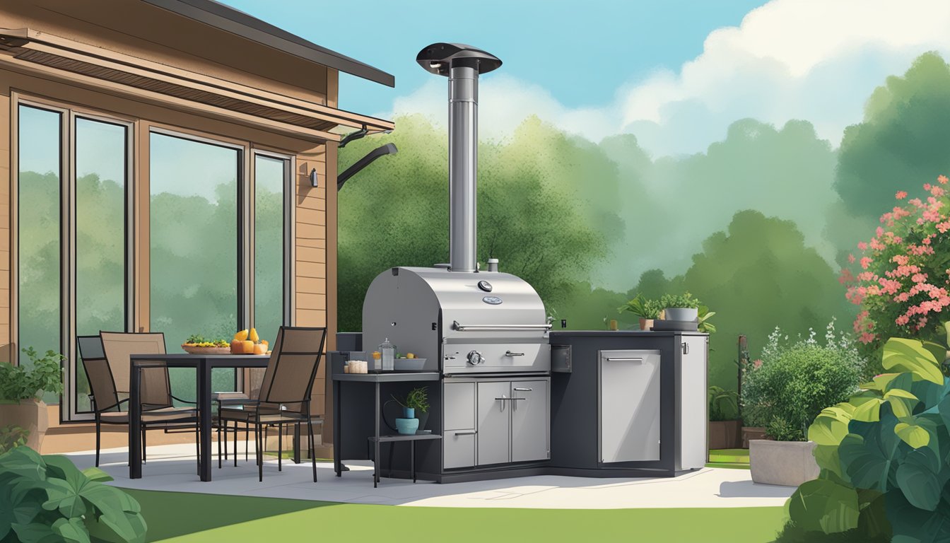 A backyard patio with a Landmann Vinson 200 offset smoker surrounded by lush greenery and a clear blue sky