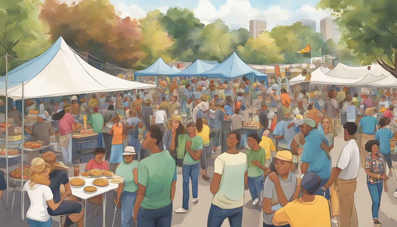 Crowds gather at outdoor food festival in Ohio. Tents line the street, offering a variety of cuisines. A band plays in the background as people sample dishes and enjoy the lively atmosphere