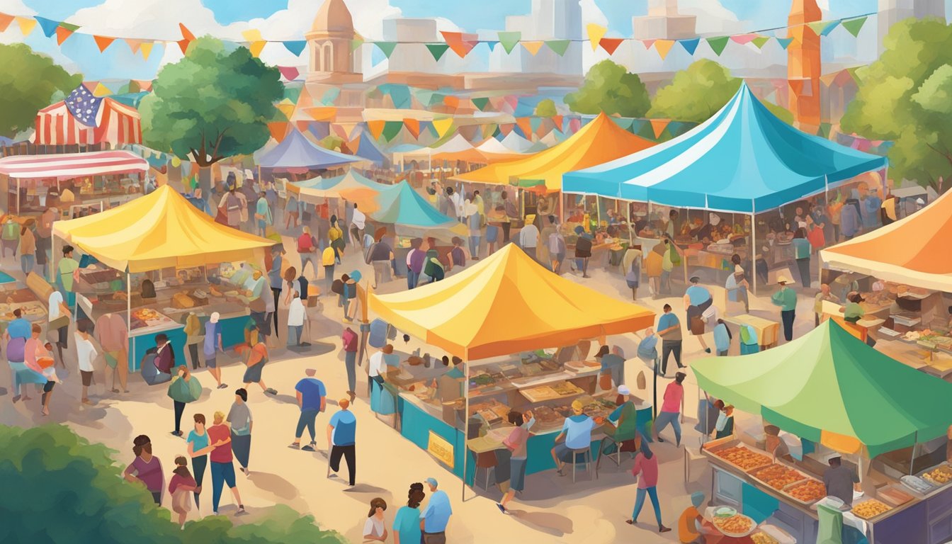 A bustling food festival in Missouri, with colorful tents, delicious aromas, and happy patrons enjoying a variety of local dishes