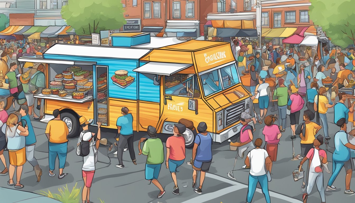 A bustling food truck championship with colorful vendors, delicious aromas, and excited crowds enjoying the best food festivals in Rhode Island