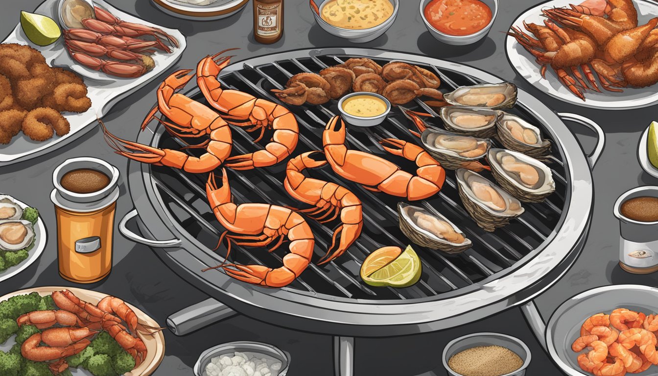 A grill sizzling with shrimp, oysters, and crab legs, surrounded by a smoky haze and Texas BBQ seasonings