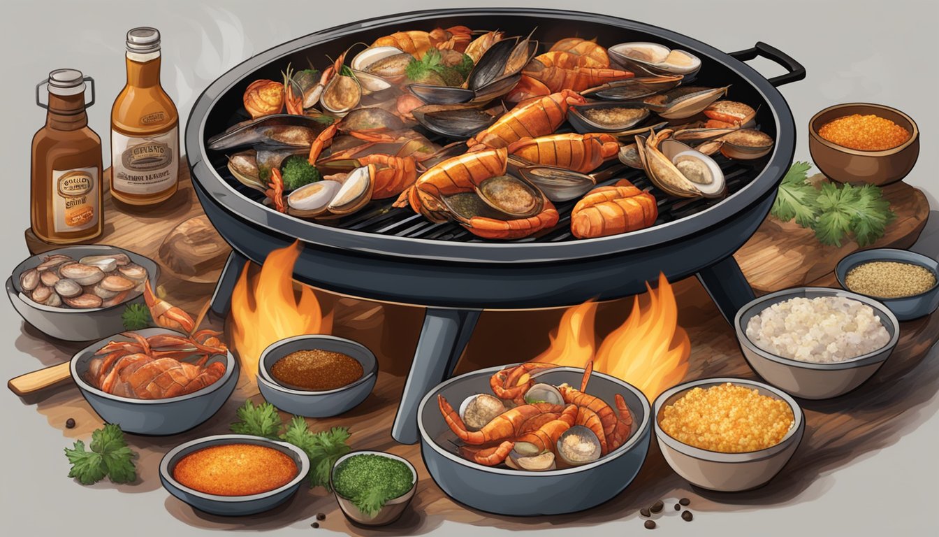 A grill with an assortment of shellfish sizzling over the flames, surrounded by Texas BBQ seasonings and sauces