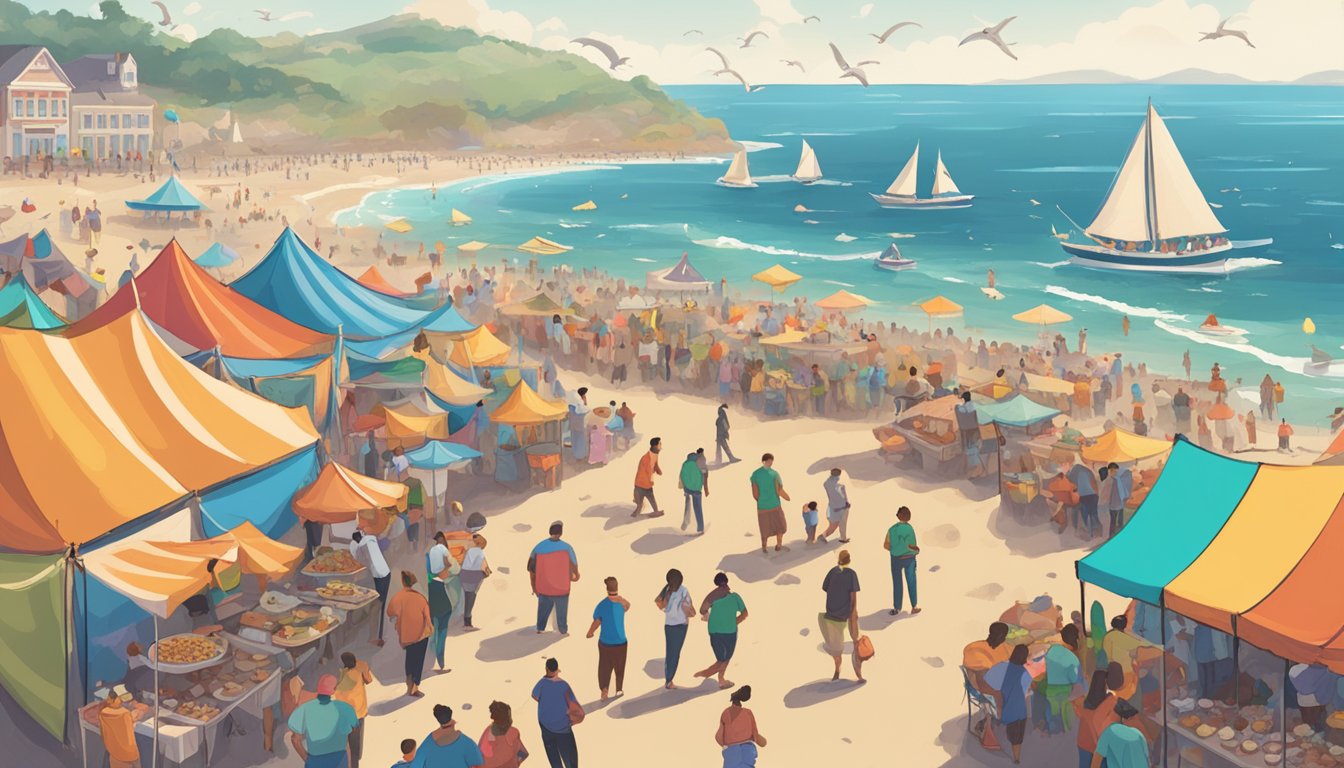 A bustling seaside festival with colorful tents, food vendors, and crowds enjoying plates of crispy calamari. Waves crash in the background as seagulls circle overhead