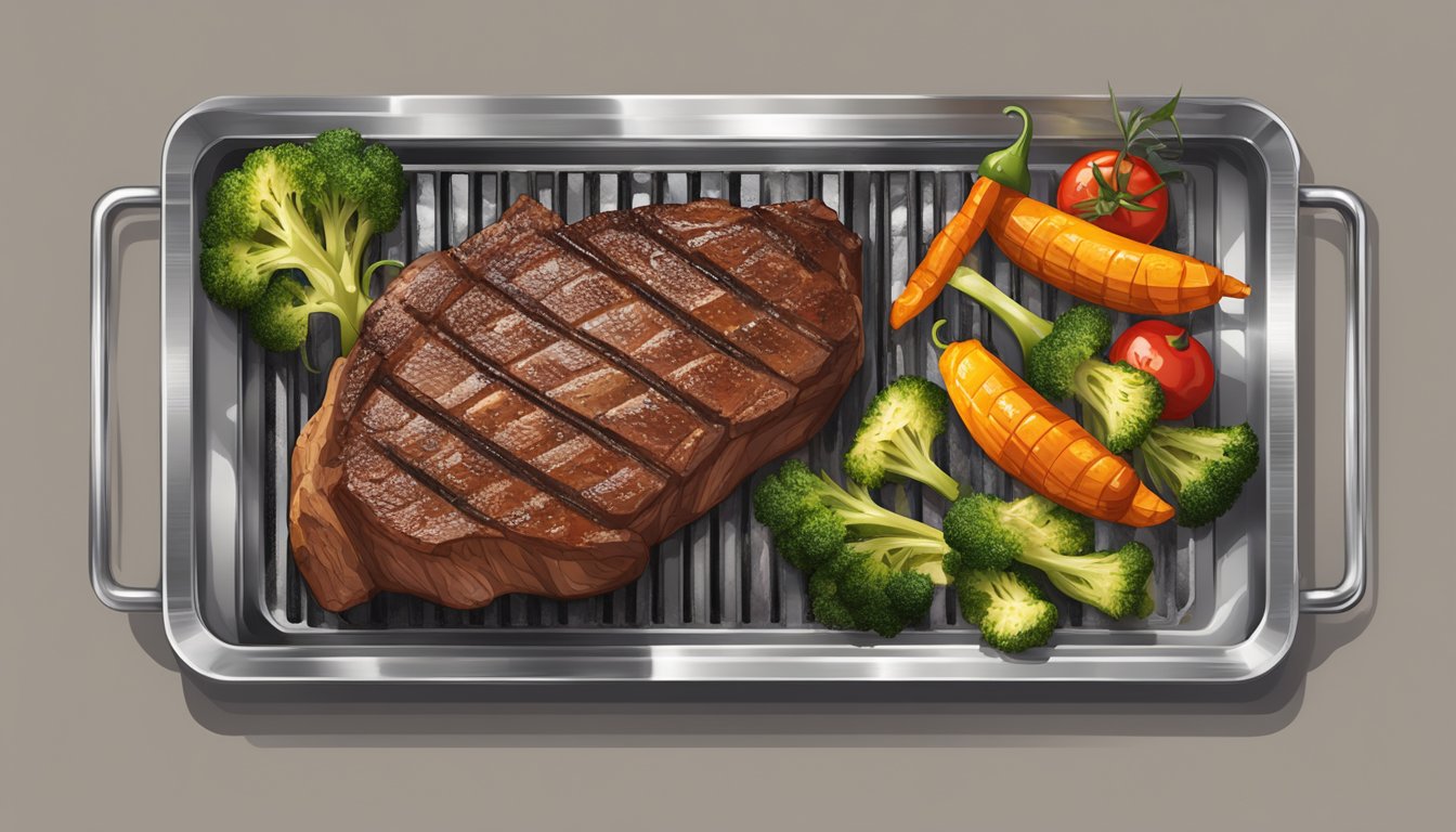 A juicy steak sizzling on a grill, wrapped in aluminum foil with a Texas BBQ sauce, surrounded by smoky charred vegetables