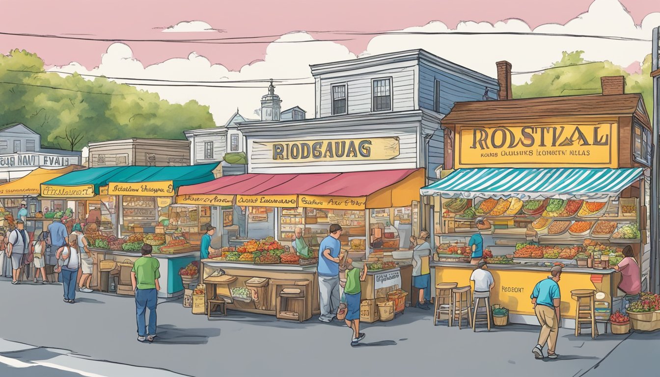 Colorful food stalls line the bustling streets of Warren, showcasing the best of Rhode Island's culinary delights at the Quahog Festival