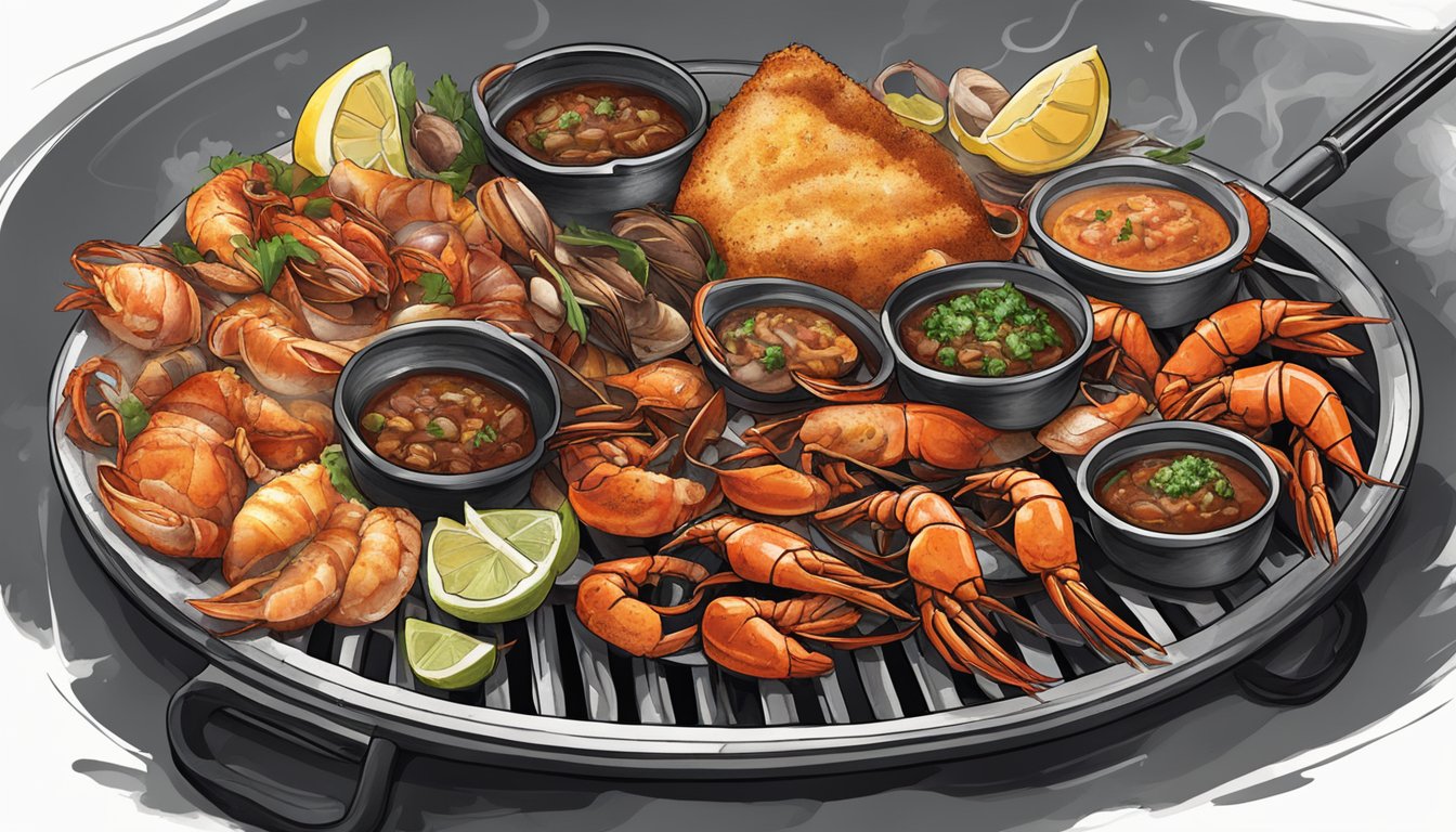 A grill filled with sizzling shellfish, basted in rich, tangy Texas-style BBQ sauces, surrounded by smoky, charred flavors