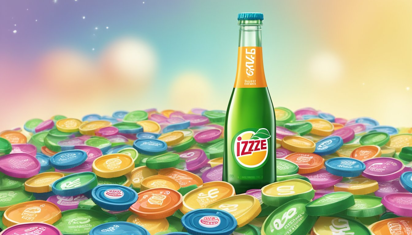 A table with multiple empty and half-empty bottles of Izze sparkling juice, surrounded by scattered bottle caps