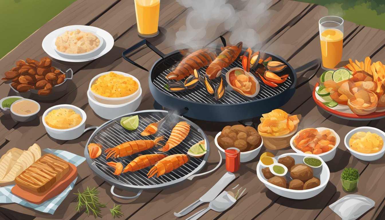 A grill with various shellfish and Texas BBQ sides and accompaniments laid out on a picnic table. Smoke rises from the hot grill