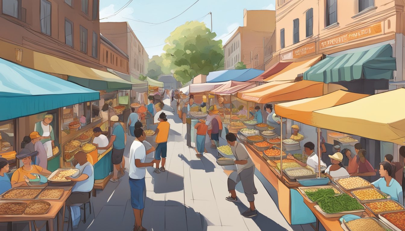 Colorful food vendors line the streets, offering a variety of dishes. Visitors sample local cuisine while live music fills the air