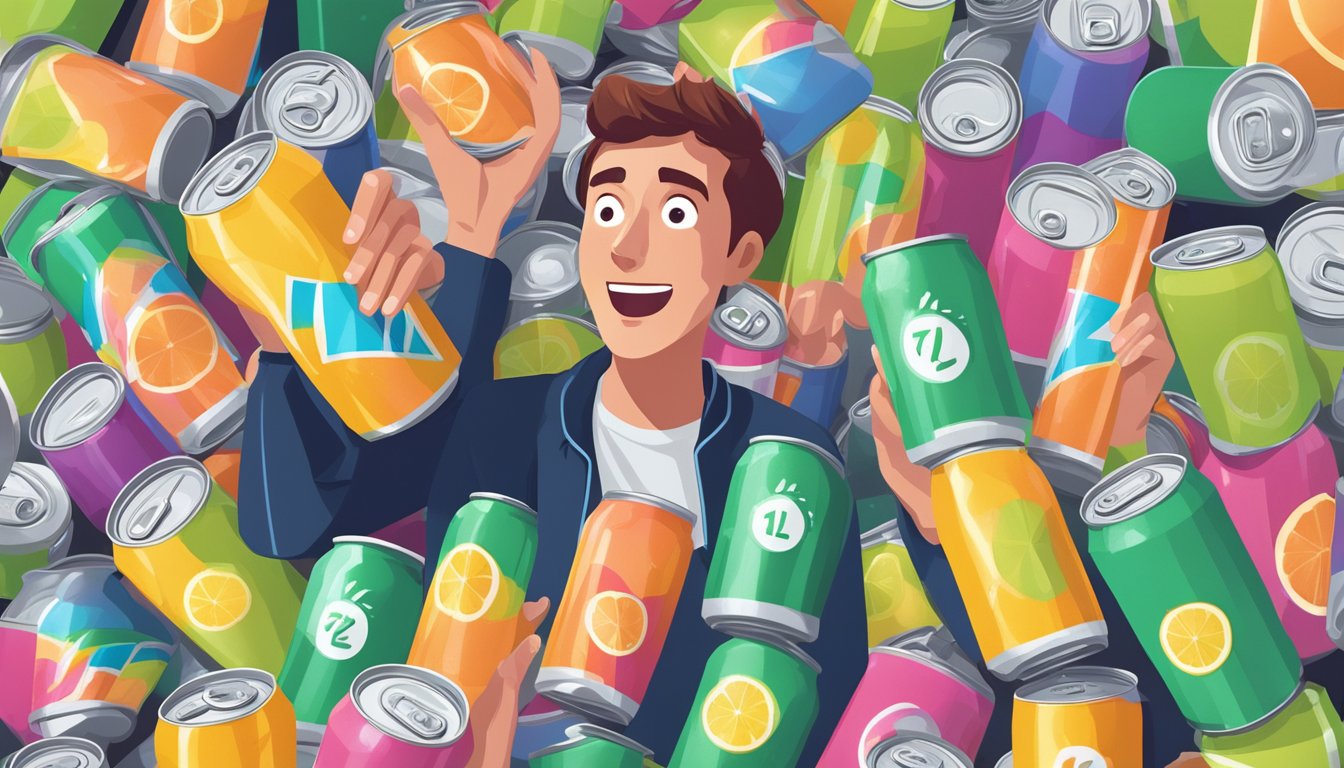 A person surrounded by empty Izze sparkling juice cans, looking overwhelmed