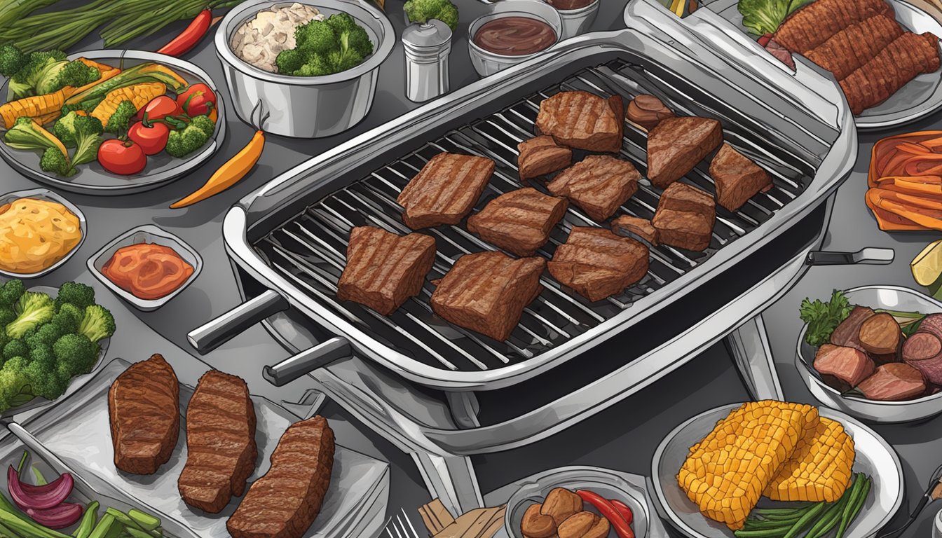 A grill covered in aluminum foil with a variety of Texas BBQ style meats and vegetables ready to be served