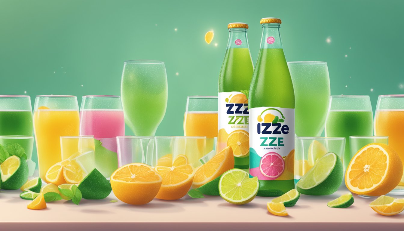 A table with multiple open cans of Izze sparkling juice, surrounded by empty glasses