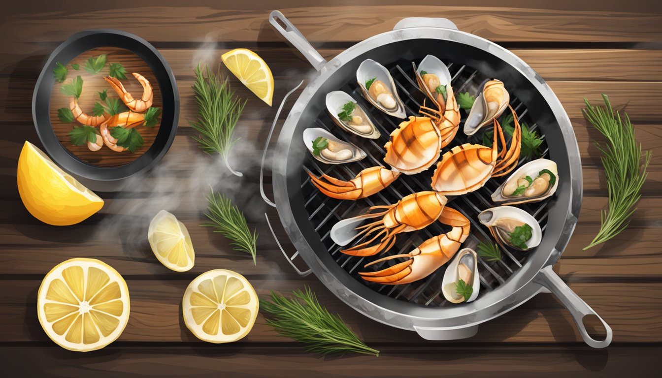 Shellfish sizzling on a hot grill, smoke rising as they cook. A platter of grilled shellfish, garnished with herbs and lemon, is presented on a rustic wooden table