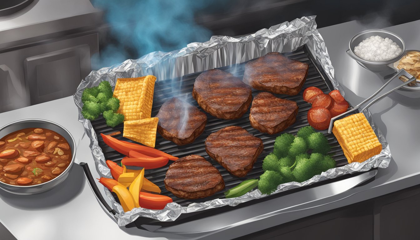 A grill with sizzling aluminum foil packets filled with Texas BBQ style accompaniments. Smoke billows upward as the food cooks