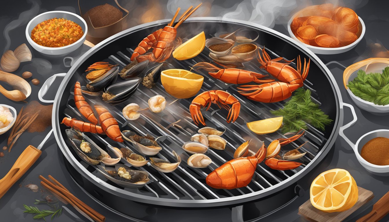 A grill sizzling with various shellfish, smoke rising, surrounded by Texas BBQ spices and utensils