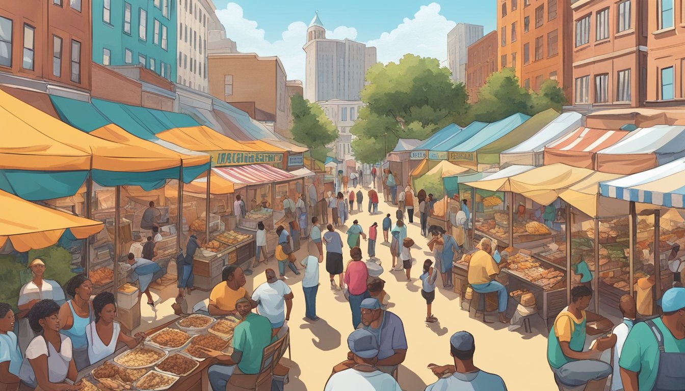 Crowds gather around food vendors, sampling barbecue, fried chicken, and other southern delicacies. Colorful tents line the streets as live music fills the air