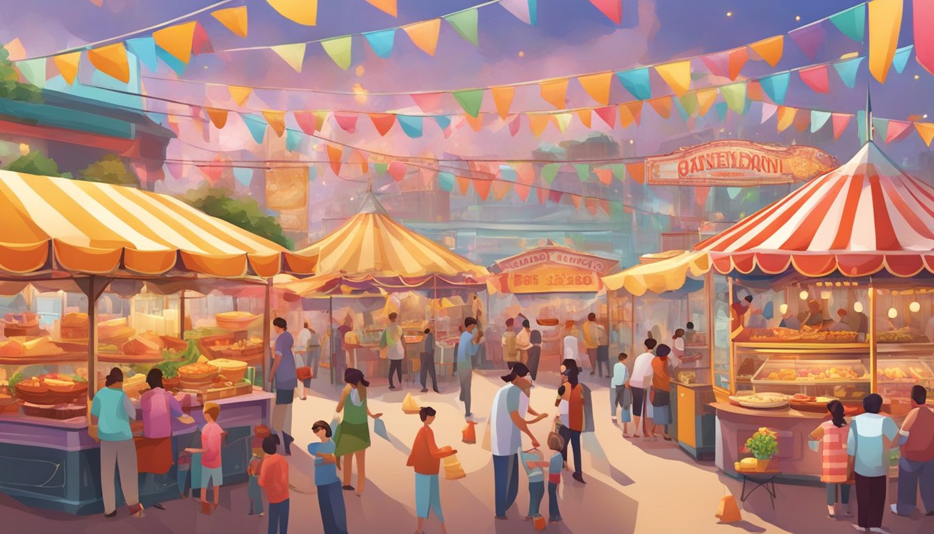 Colorful food stalls line the bustling fairground, offering a variety of delectable treats. The aroma of sizzling meats and sweet confections fills the air