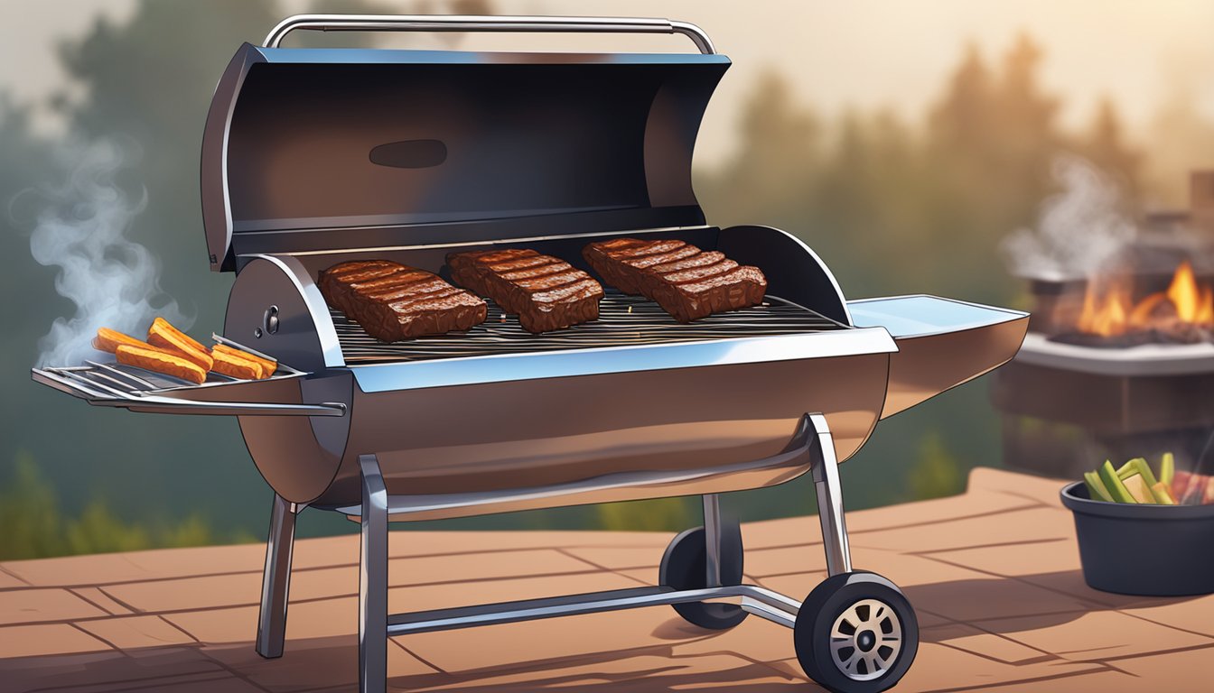 A grill covered in aluminum foil with Texas-style BBQ ribs cooking over the open flame. Smoke billows from the grill, infusing the meat with rich, smoky flavor