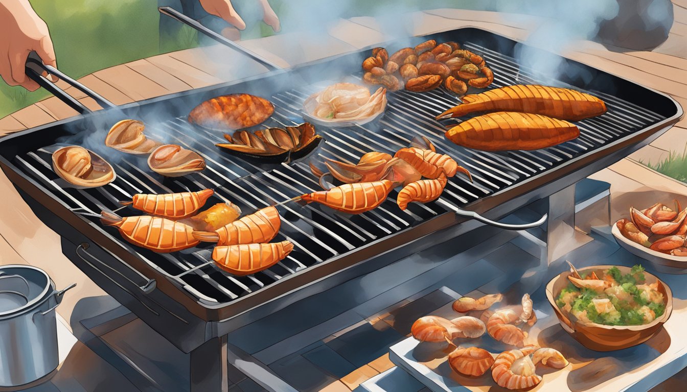 A grill sizzling with various shellfish cooking over open flames at a Texas BBQ. Smoke billows upwards as the shellfish are turned and basted