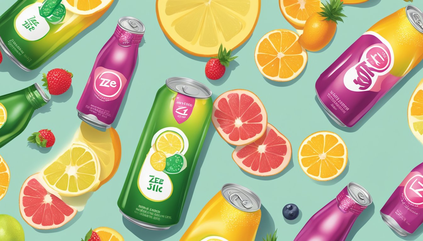 A table with multiple empty and half-full cans of Izze sparkling juice, surrounded by scattered fruit and a measuring cup