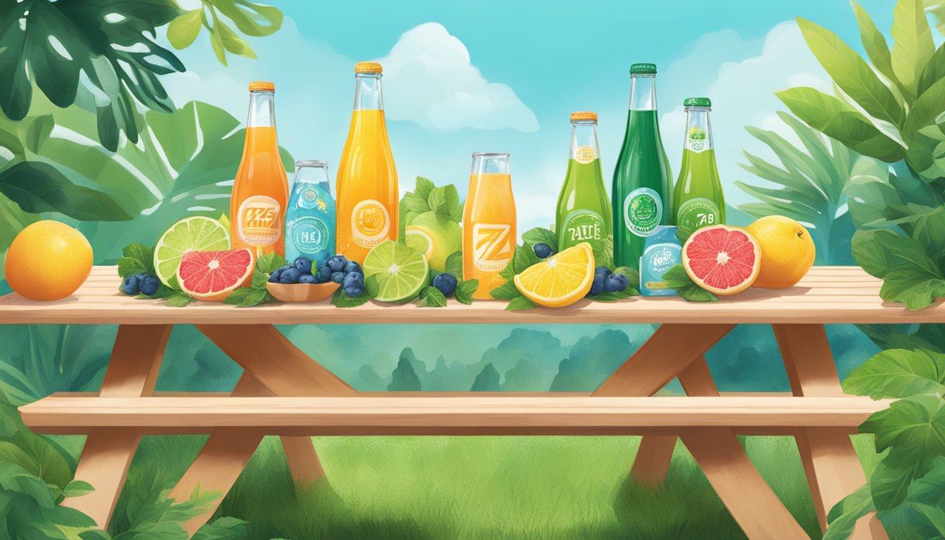 A picnic table with a variety of Izze sparkling juice flavors surrounded by lush greenery and a clear blue sky overhead