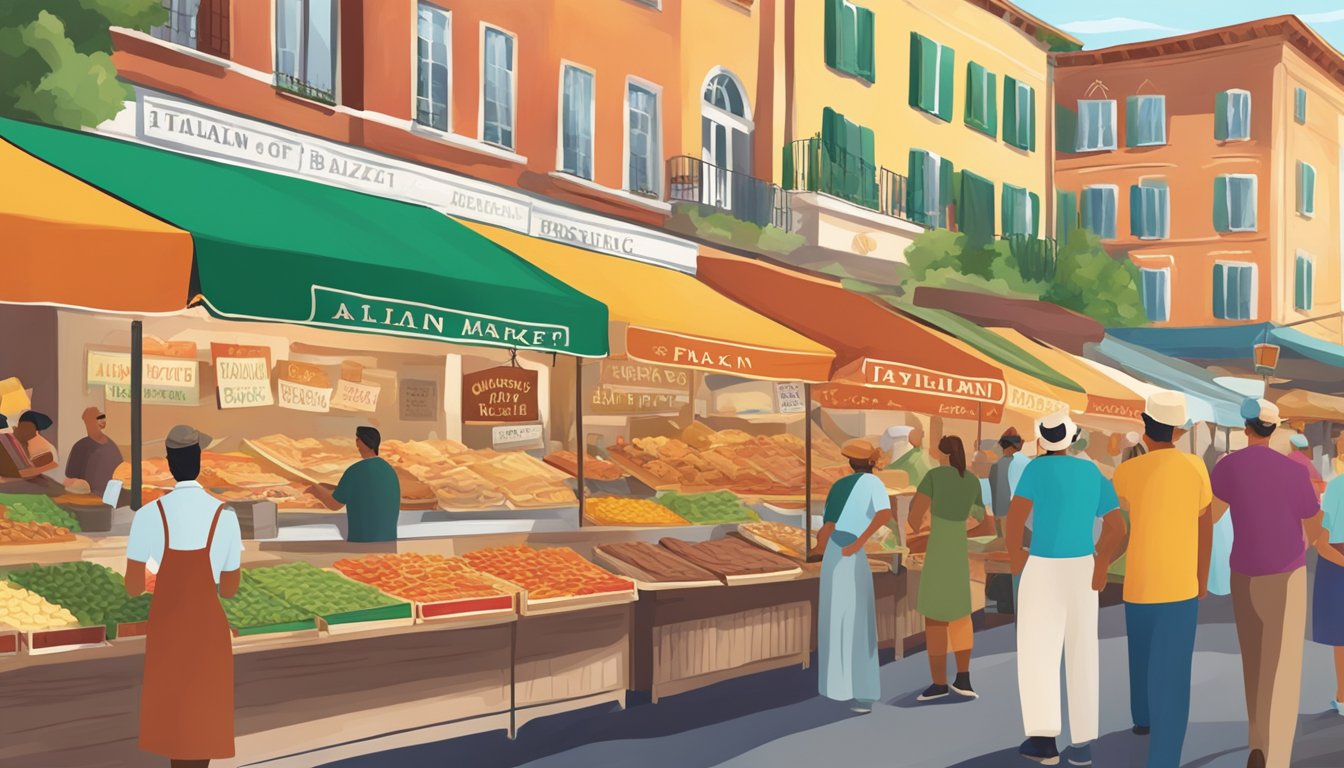 Colorful market stalls line Main Street, selling Italian delicacies. A large banner hangs overhead, announcing the Italian Fest. The aroma of freshly baked pizza and simmering sauces fills the air