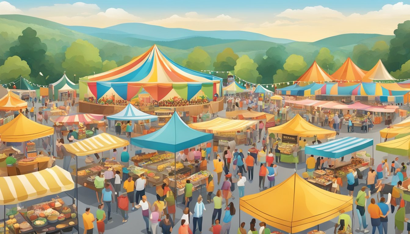 A bustling food festival in Pennsylvania, with colorful tents, food vendors, and excited crowds sampling various cuisines. A lively atmosphere with music and the aroma of delicious dishes fills the air