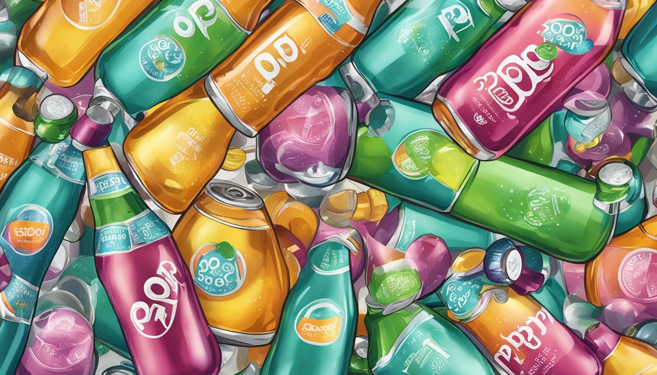 A table with multiple open bottles of poppi sparkling prebiotic soda, surrounded by overflowing glasses and scattered bottle caps