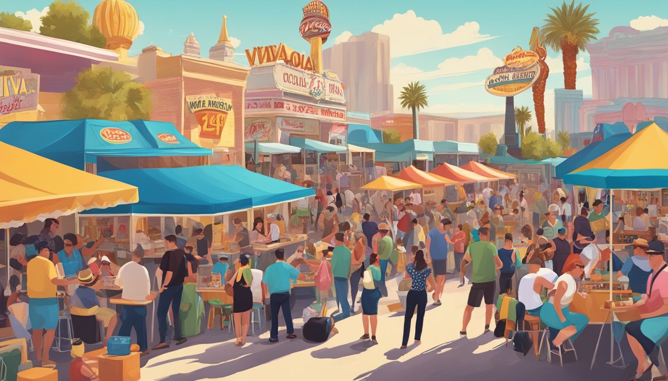 Crowds gather at the Viva Las Vegas Rockabilly Weekend food festival, with colorful food stalls and lively music filling the air