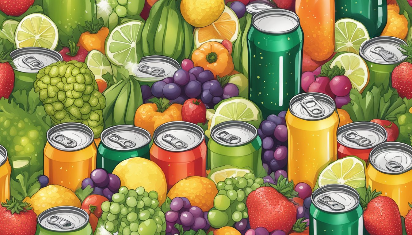 A table with multiple cans of Poppi sparkling prebiotic soda, surrounded by various fruits and vegetables