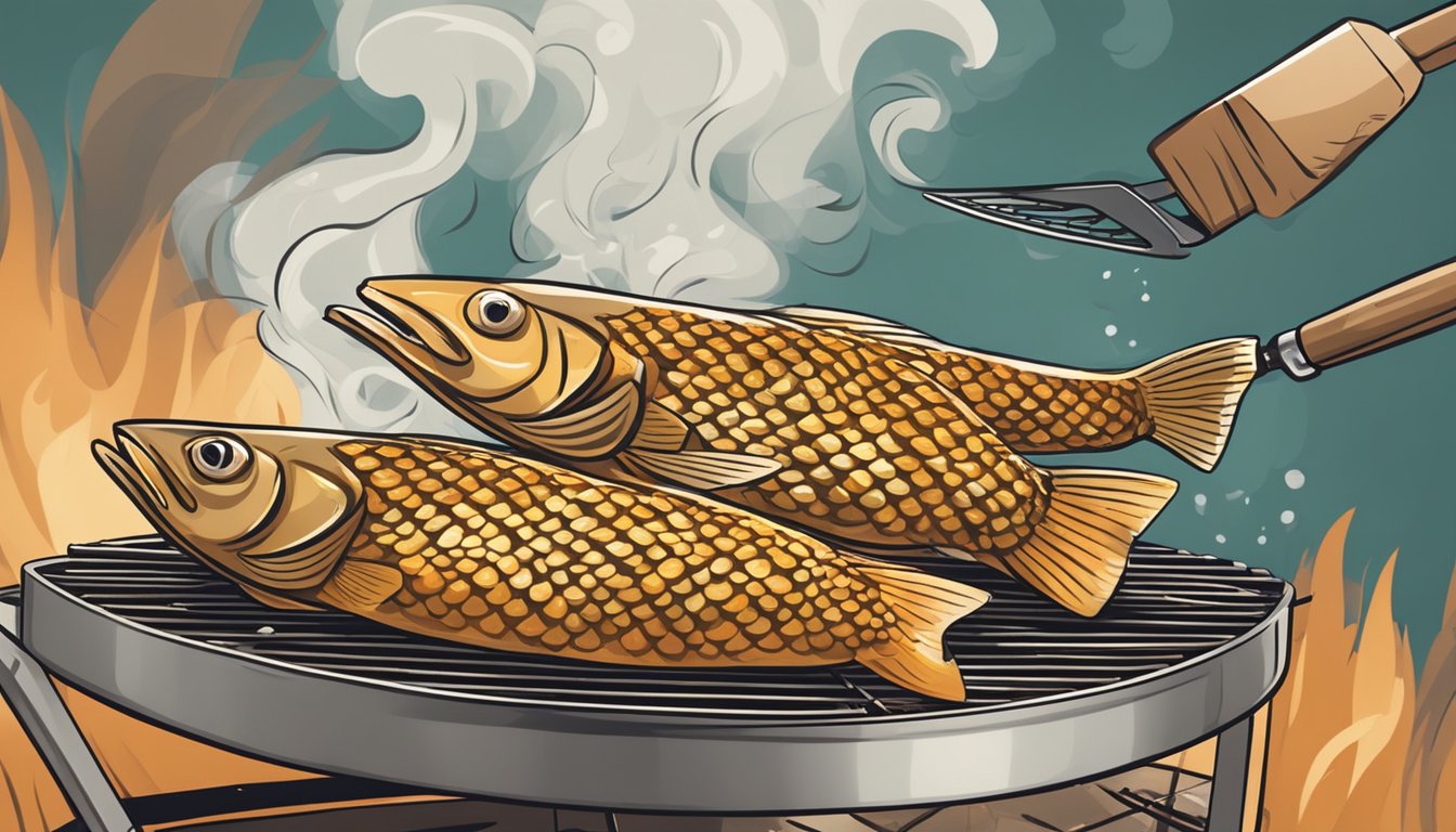 A fish grilling on a barbecue with a Texas-style seasoning, smoke rising from the grill, and a spatula ready to flip the fish