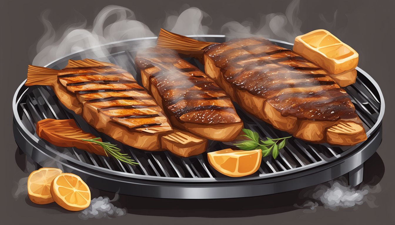 A grill with sizzling fish fillets, adorned with Texas BBQ sauce, surrounded by smoke and the aroma of charred wood