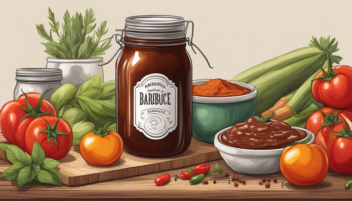 A rustic wooden table with a mason jar filled with thick, rich barbecue sauce, surrounded by fresh ingredients like tomatoes, peppers, and spices