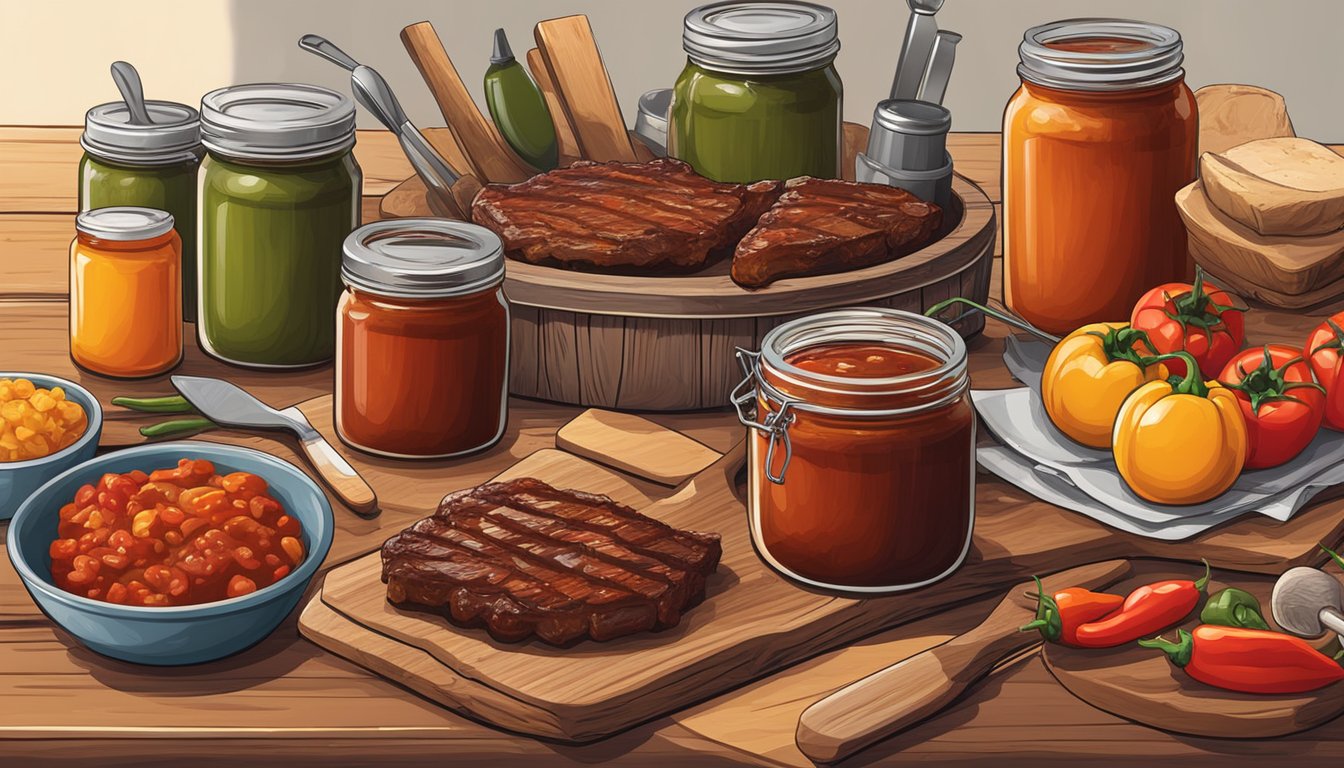 A rustic wooden table with various jars of Texas-style barbecue sauce, surrounded by grilling utensils and ingredients like tomatoes and peppers