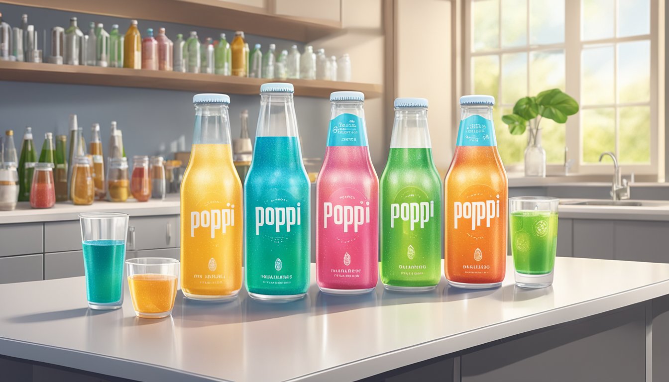 A table with multiple bottles of Poppi sparkling prebiotic soda, some empty, some half-full, and a measuring cup with a large quantity poured out