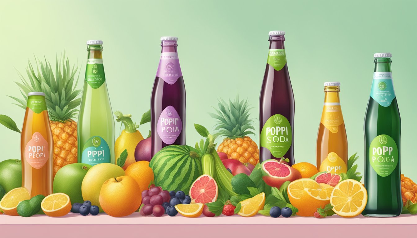 A table with multiple bottles of Poppi Sparkling Prebiotic Soda, surrounded by various fruits and vegetables