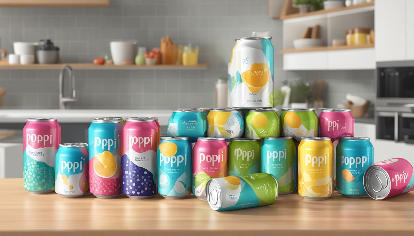 A colorful array of Poppi sparkling prebiotic soda cans, arranged in a pyramid on a kitchen counter, with a measuring cup nearby