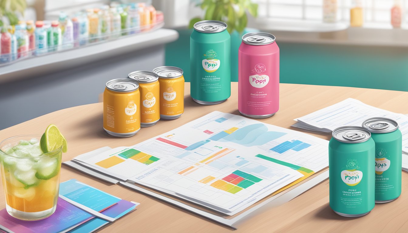 A table with multiple open cans of Poppi sparkling prebiotic soda, surrounded by regulatory documents and serving size guidelines