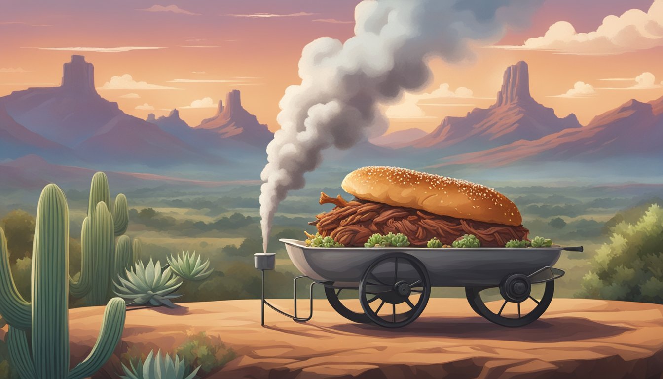 A rustic smoker billows fragrant smoke over a succulent Texas-style pulled pork, surrounded by a backdrop of a Texas landscape