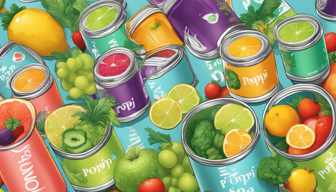 A table with various colorful cans of Poppi sparkling prebiotic soda, surrounded by a variety of fruits and vegetables