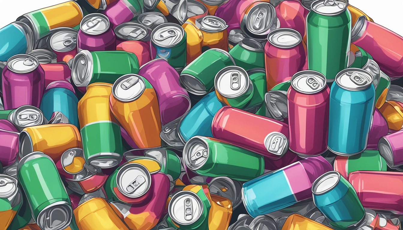 A table with multiple open cans of Poppi sparkling prebiotic soda, surrounded by empty glasses and a pile of discarded cans