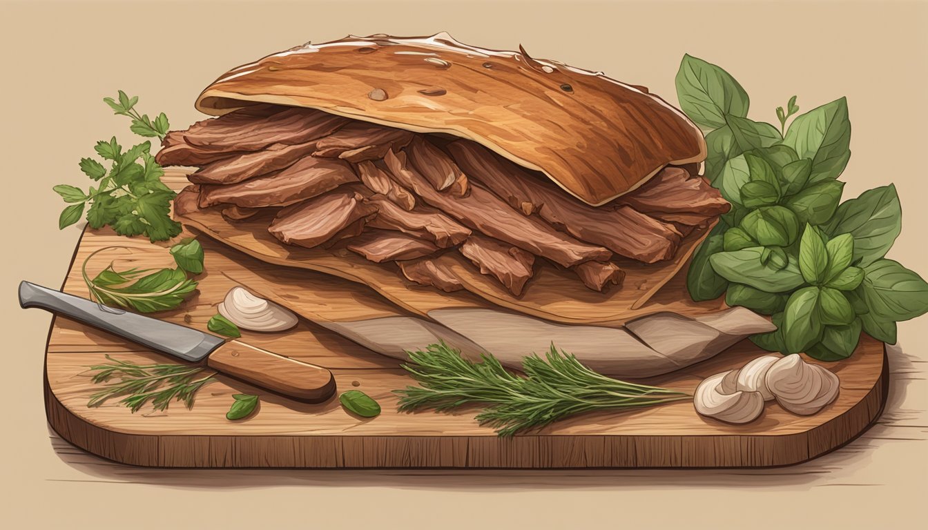 A rustic wooden cutting board with a pile of tender, smoky pulled pork surrounded by a simple butcher's twine and a few sprigs of fresh herbs